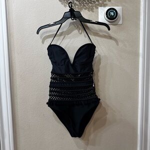 Revolve Tularosa Women’s Nina One Piece Black Cut Out Pom Pom Swimsuit Sz Small